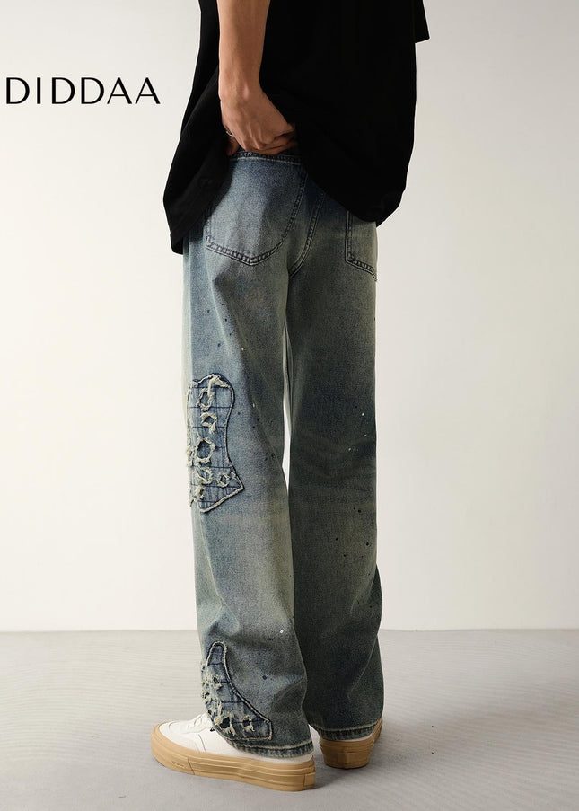 Ink Wash Vintage Scratched Loose Straight Jeans - Men’s Jeans