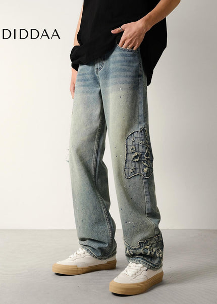 Ink Wash Vintage Scratched Loose Straight Jeans - Men’s Jeans