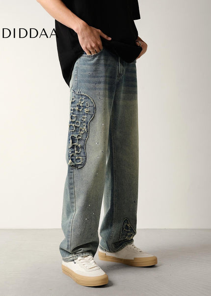 Ink Wash Vintage Scratched Loose Straight Jeans - Men’s Jeans