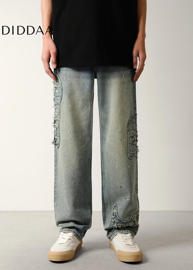 Ink Wash Vintage Scratched Loose Straight Jeans - Men’s Jeans