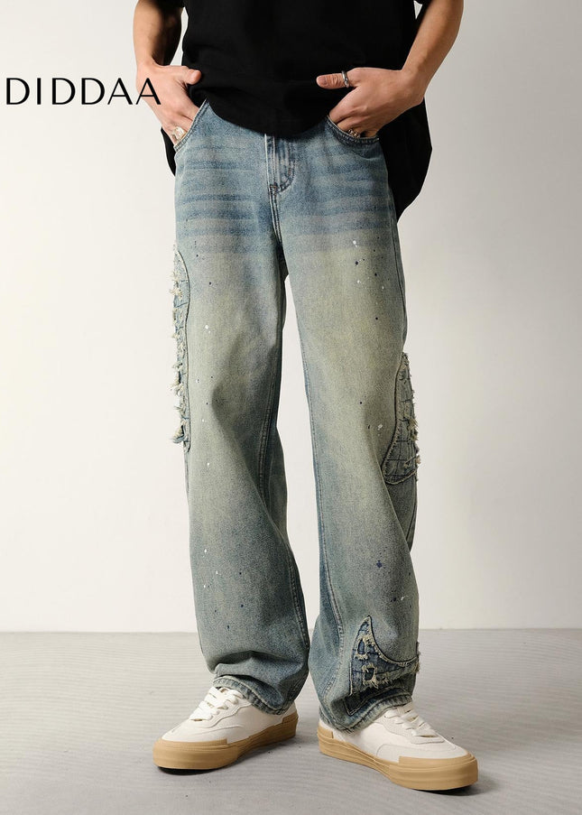 Ink Wash Vintage Scratched Loose Straight Jeans - Men’s Jeans