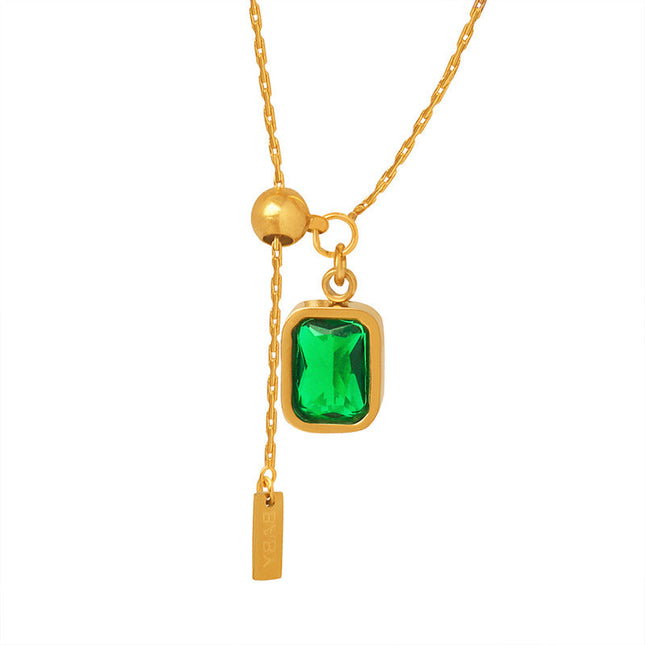 Retro Hong Kong style palace emerald zircon tassel English letter simple necklace clavicle chain temperament girl jewelry