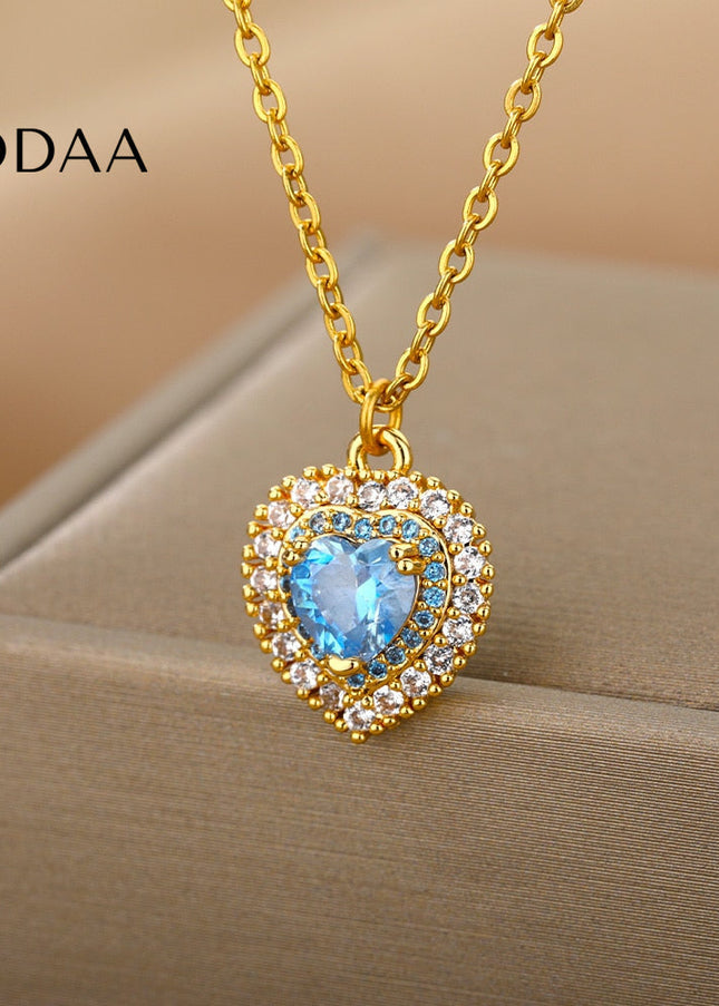 Jaimen Pendant Necklace | Gold Blue Zirconia Stone Chain - Necklaces