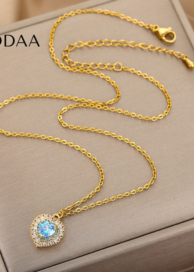 Jaimen Pendant Necklace | Gold Blue Zirconia Stone Chain - Necklaces
