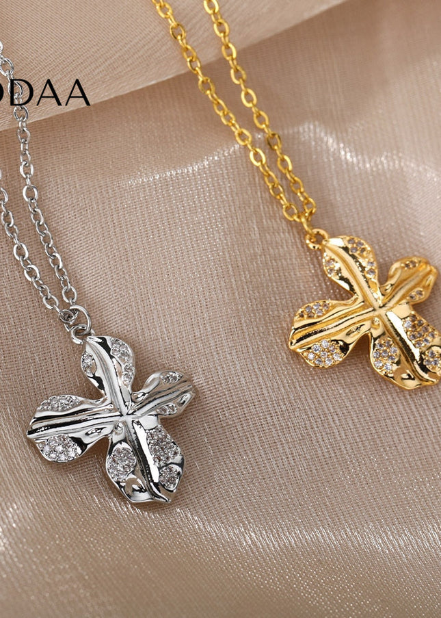 Jasmine Pendant Necklace | Gold Silver Zirconia Cross Chain - Silver - Necklaces