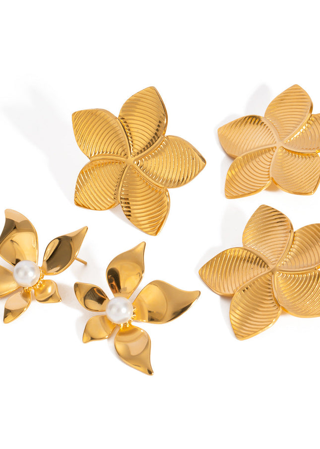 18k gold stainless steel gold flower earrings female imitation Shijia white pearl earrings with petal texture titanium steel ring