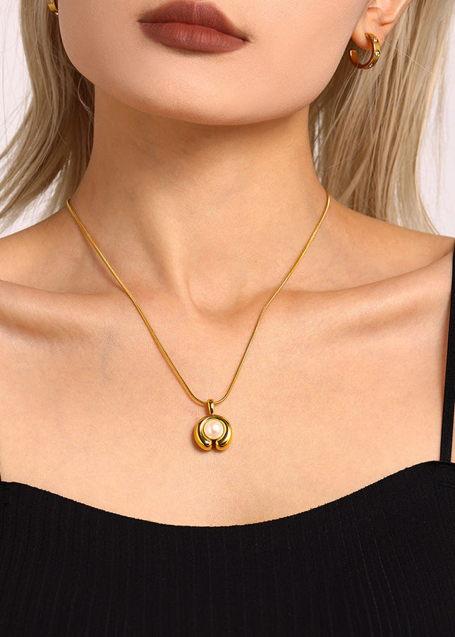 Mi Li stainless steel C-shaped freshwater pearl necklace cross-border new fashion simple electroplating 18K real gold jewelry wholesale