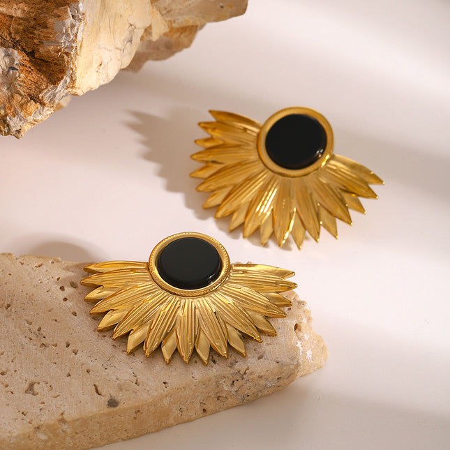 Jieding European and American stainless steel natural stone black agate stud earrings exaggerated sense of luxury niche earrings titanium steel earrings cross-border