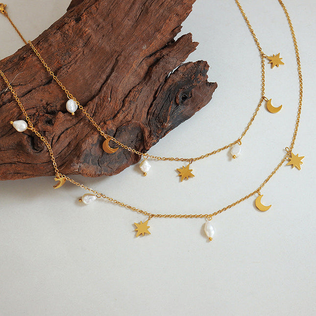 European and American ins style versatile stars and moons, natural freshwater pearls, tassels, collarbone necklaces, women's niche light luxury design