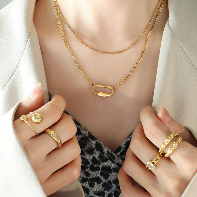 European and American ins jewelry chocker geometric special-shaped specific oval buckle double stacked clavicle titanium steel necklace P961