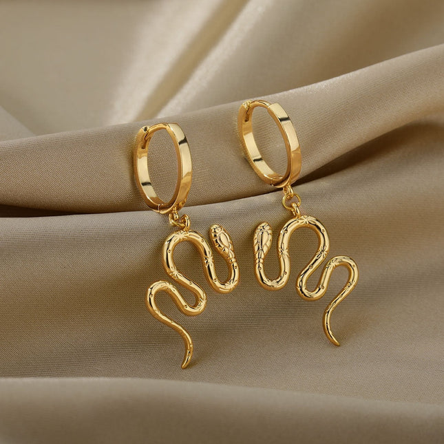 Junoesque Earrings | Gold Snake Animal Hoop Drop Earrings - Gold - Earrings
