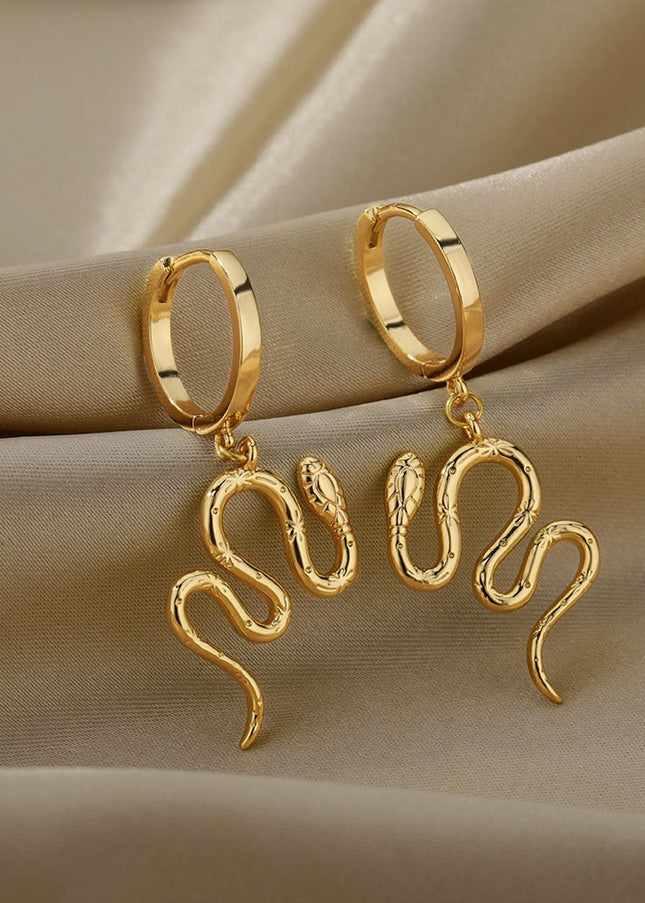 Junoesque Earrings | Gold Snake Animal Hoop Drop Earrings - Gold - Earrings