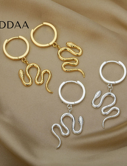 Junoesque Earrings | Gold Snake Animal Hoop Drop Earrings - Silver - Earrings