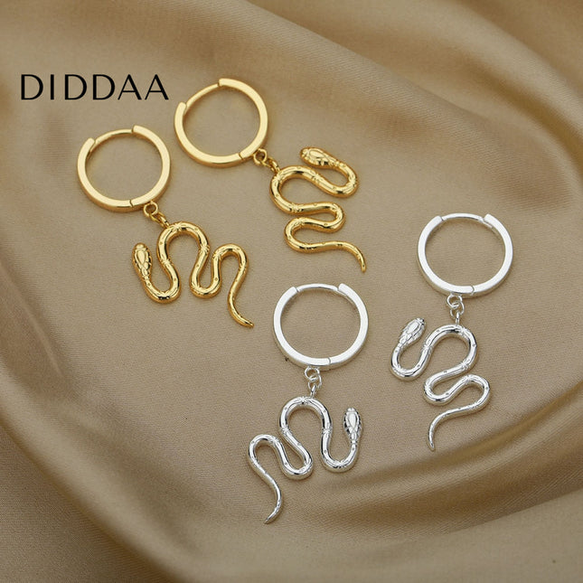 Junoesque Earrings | Gold Snake Animal Hoop Drop Earrings - Silver - Earrings