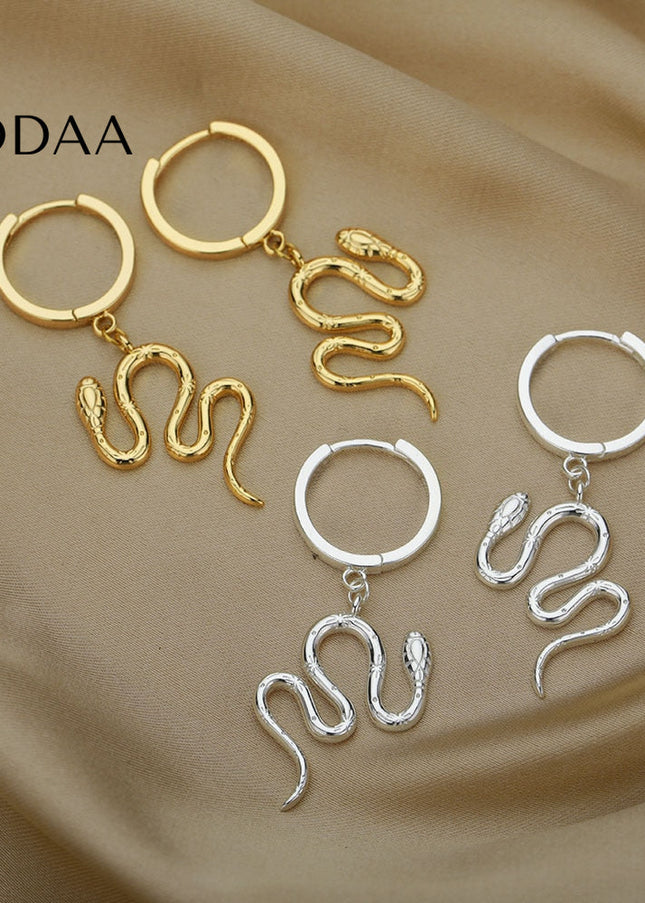 Junoesque Earrings | Gold Snake Animal Hoop Drop Earrings - Silver - Earrings