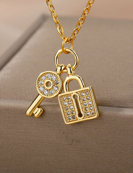 SOUVOIR Gold 14K Gold Plated, Zirconia Necklaces Kept Pendant Necklace | Gold Lock & Key Zirconia Chain