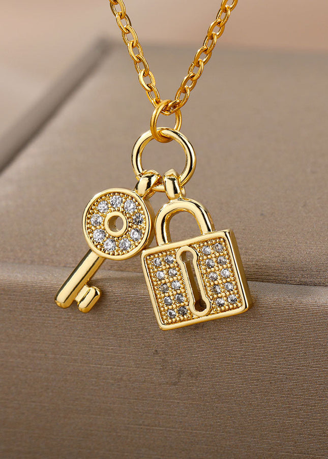 SOUVOIR Gold 14K Gold Plated, Zirconia Necklaces Kept Pendant Necklace | Gold Lock & Key Zirconia Chain