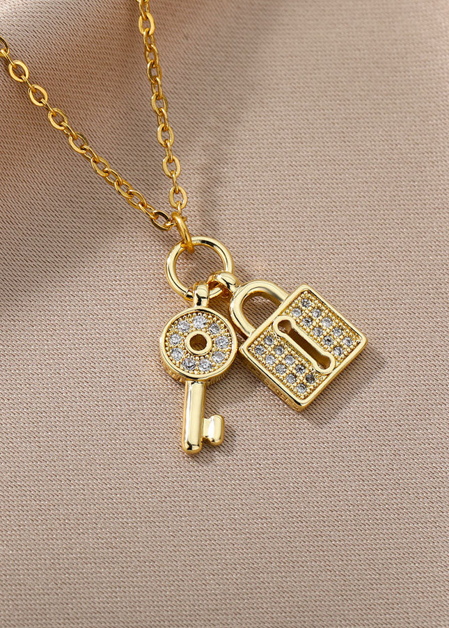 SOUVOIR 14K Gold Plated, Zirconia Necklaces Kept Pendant Necklace | Gold Lock & Key Zirconia Chain