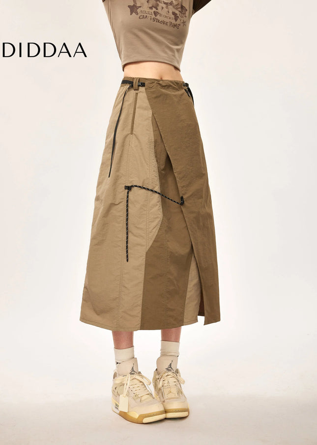 Khaki High Waist Slit Midi Skirt for Outdoor Workwear - Brown / One Size - Skirts