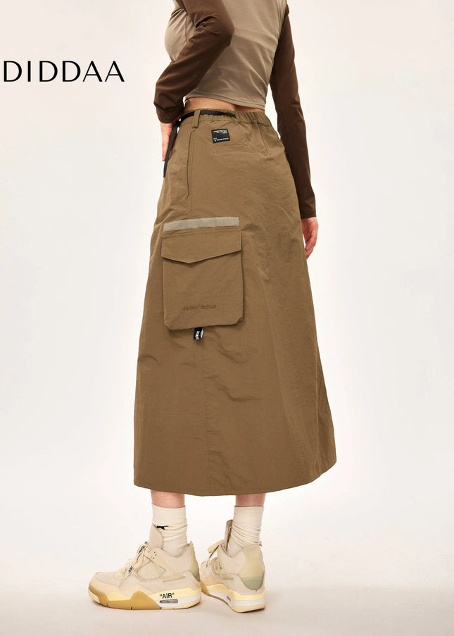Khaki High Waist Slit Midi Skirt for Outdoor Workwear - Brown / One Size - Skirts