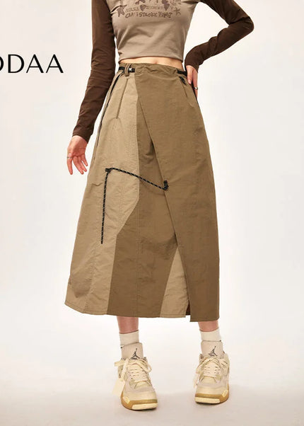 Khaki High Waist Slit Midi Skirt for Outdoor Workwear - Brown / One Size - Skirts