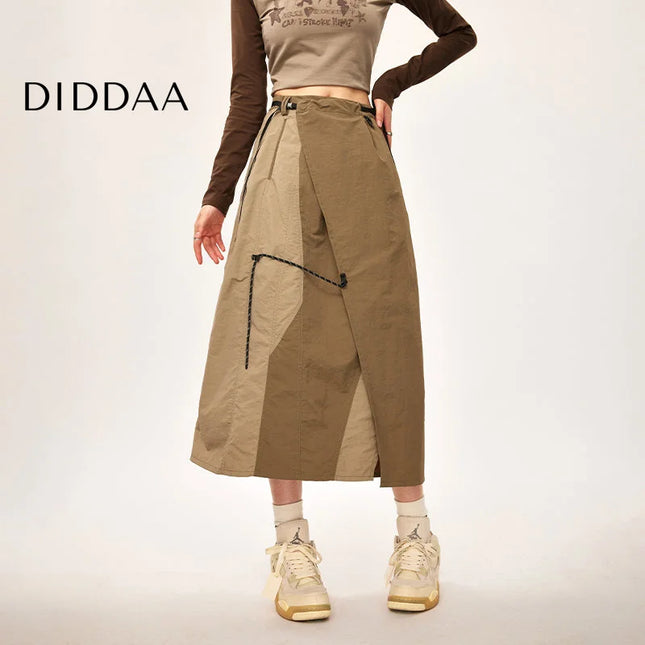Khaki High Waist Slit Midi Skirt for Outdoor Workwear - Brown / One Size - Skirts
