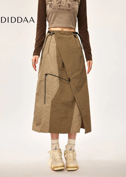 Khaki High Waist Slit Midi Skirt for Outdoor Workwear - Brown / One Size - Skirts