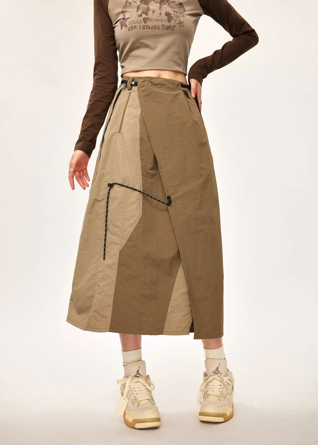 Khaki High Waist Slit Midi Skirt for Outdoor Workwear - Brown / One Size - Skirts