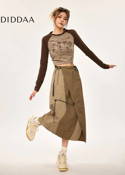 Khaki High Waist Slit Midi Skirt for Outdoor Workwear - Brown / One Size - Skirts