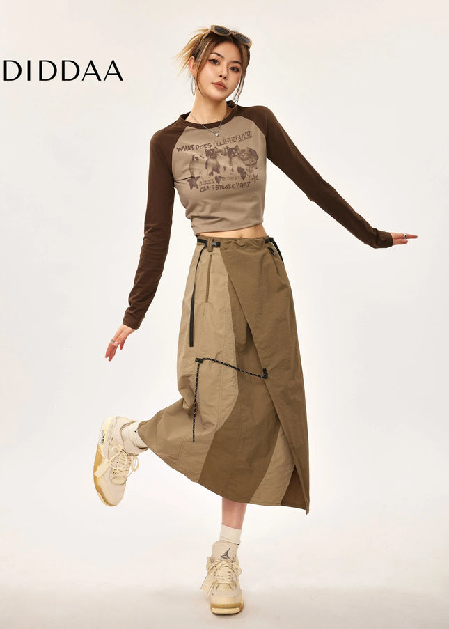 Khaki High Waist Slit Midi Skirt for Outdoor Workwear - Brown / One Size - Skirts