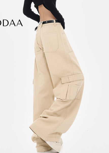 Khaki Loose Fit Cargo Jeans with Straight-Leg Style - S / Khaki - Women’s Jeans