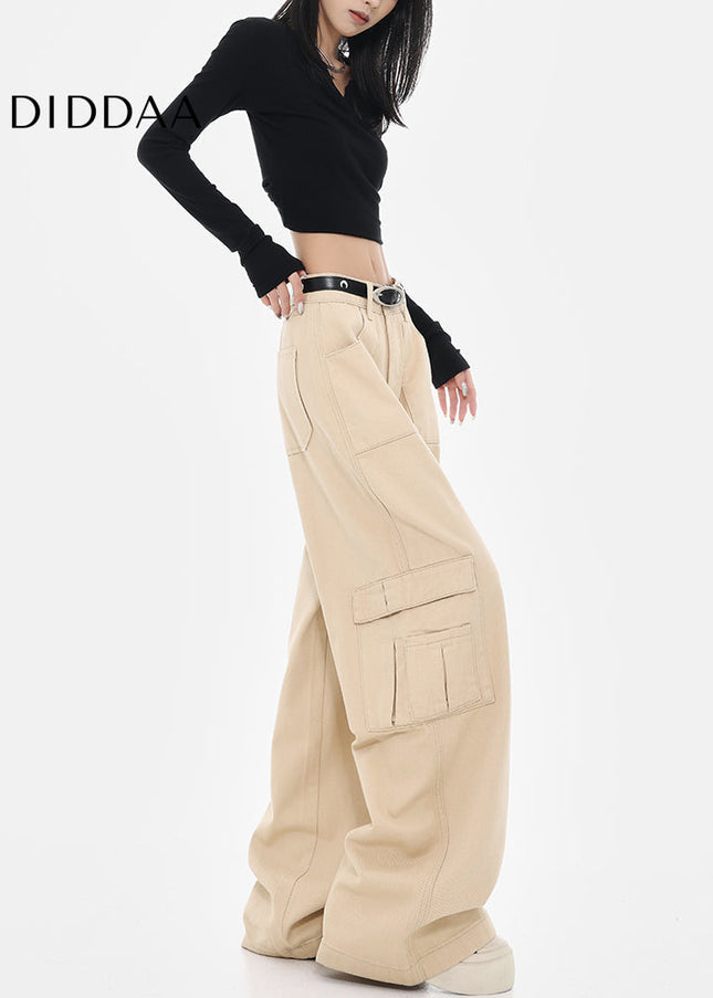 Khaki Loose Fit Cargo Jeans with Straight-Leg Style - Women’s Jeans