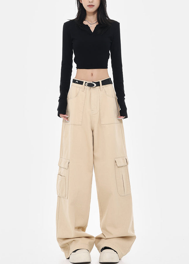 Khaki Loose Fit Cargo Jeans with Straight-Leg Style - Women’s Jeans