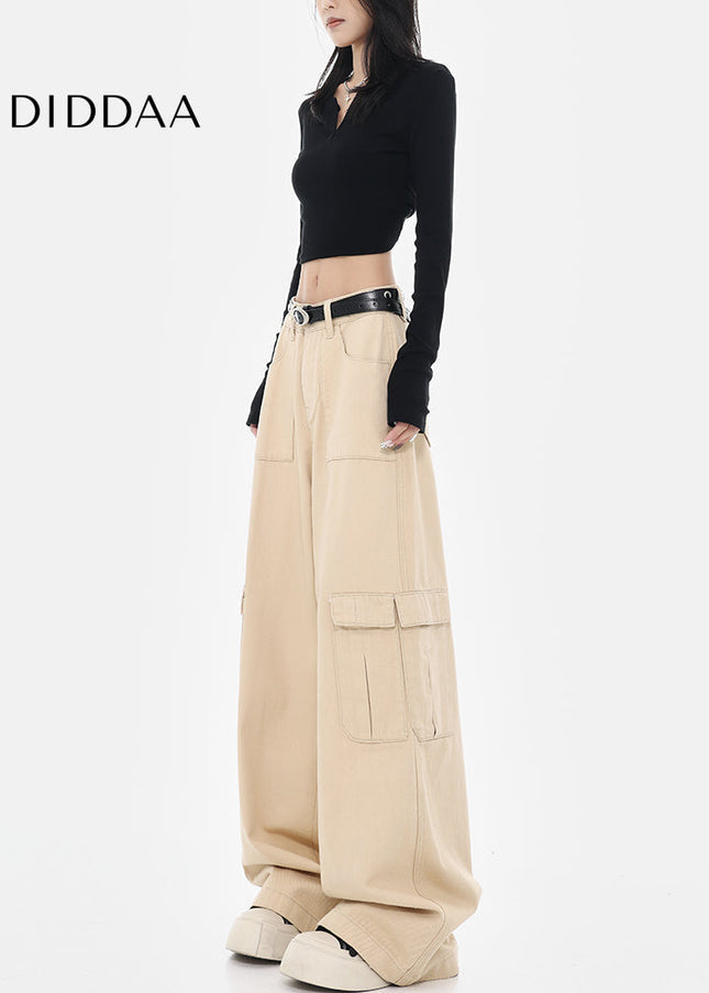 Khaki Loose Fit Cargo Jeans with Straight-Leg Style - Women’s Jeans