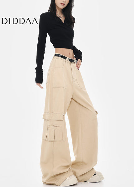 Khaki Loose Fit Cargo Jeans with Straight-Leg Style - Women’s Jeans