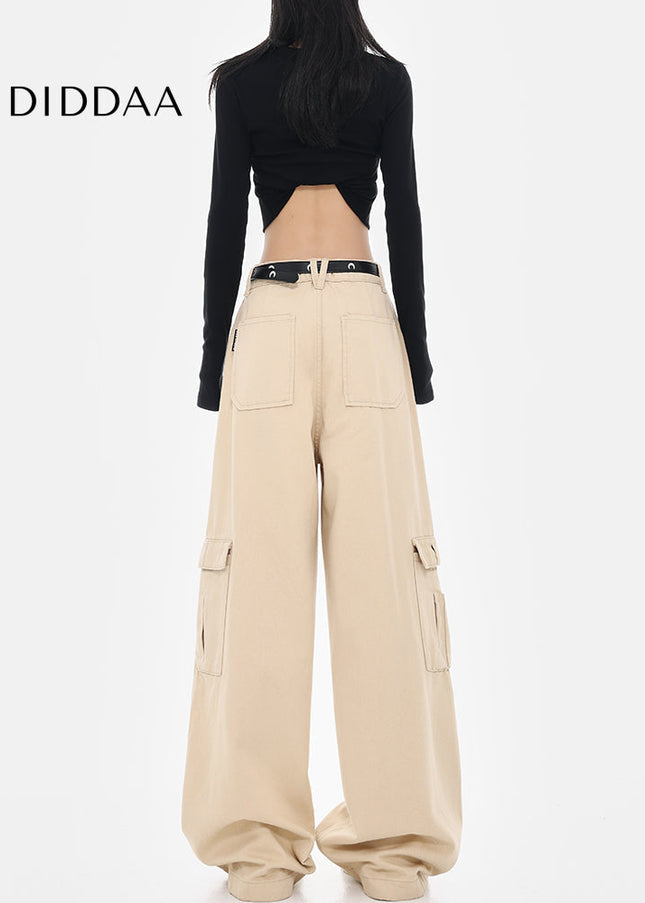 Khaki Loose Fit Cargo Jeans with Straight-Leg Style - Women’s Jeans