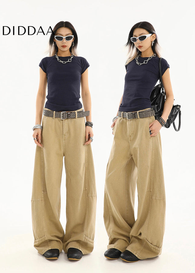 Khaki Loose Fit Cargo Jeans Women’s Summer Wide-Leg Pants - Women’s Jeans