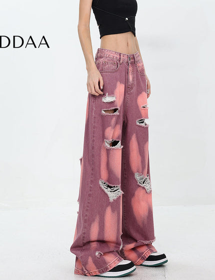 Khaki Ripped Tie-Dye Wide-Leg Mop Jeans for Women - S / Mid Blue - Women’s Jeans