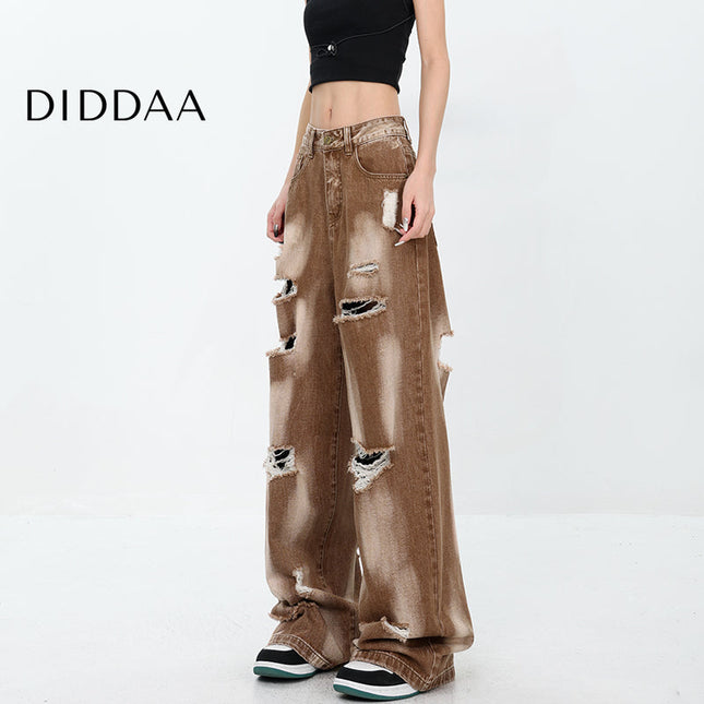 Khaki Ripped Tie-Dye Wide-Leg Mop Jeans for Women - S / Khaki - Women’s Jeans