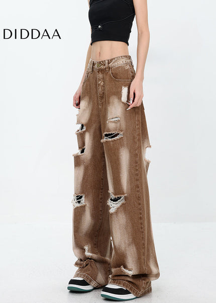 Khaki Ripped Tie-Dye Wide-Leg Mop Jeans for Women - Women’s Jeans