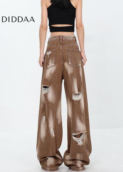 Khaki Ripped Tie-Dye Wide-Leg Mop Jeans for Women - Women’s Jeans