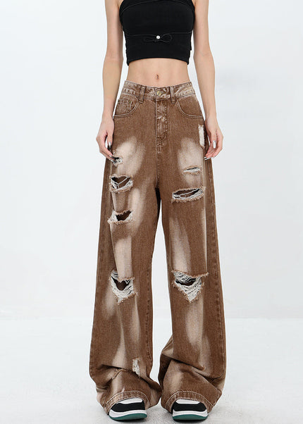 Khaki Ripped Tie-Dye Wide-Leg Mop Jeans for Women - Women’s Jeans