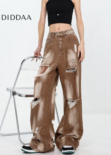 Khaki Ripped Tie-Dye Wide-Leg Mop Jeans for Women - Women’s Jeans