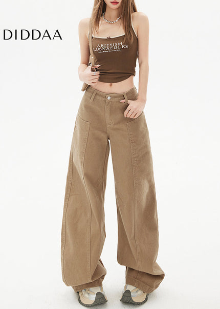 Khaki Spliced Machete Design Wide-Leg Pants - Women’s Jeans