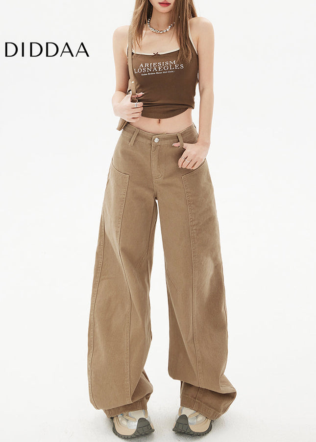 Khaki Spliced Machete Design Wide-Leg Pants - Women’s Jeans