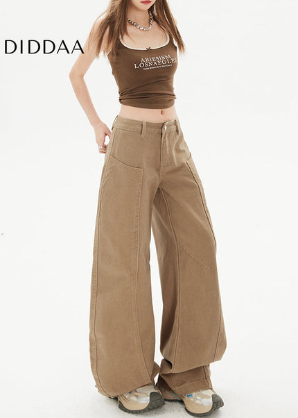 Khaki Spliced Machete Design Wide-Leg Pants - Women’s Jeans