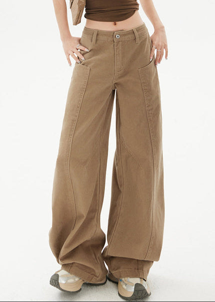 Khaki Spliced Machete Design Wide-Leg Pants - Women’s Jeans