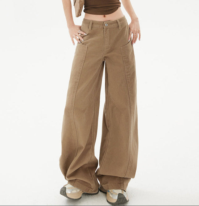 Khaki Spliced Machete Design Wide-Leg Pants - Women’s Jeans