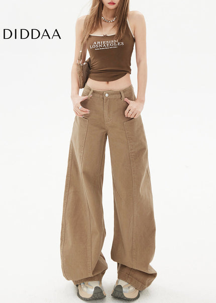 Khaki Spliced Machete Design Wide-Leg Pants - Women’s Jeans