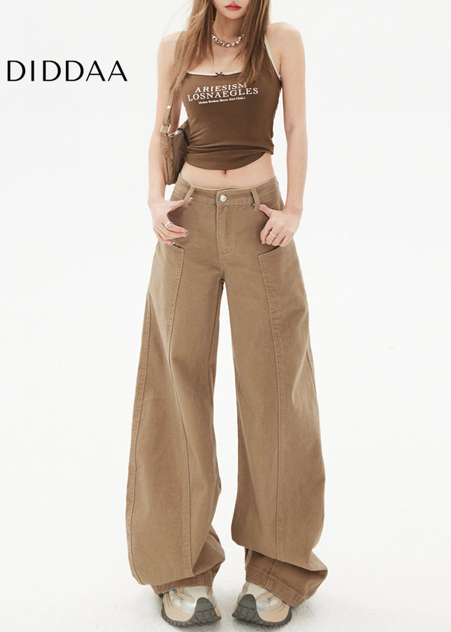 Khaki Spliced Machete Design Wide-Leg Pants - Women’s Jeans